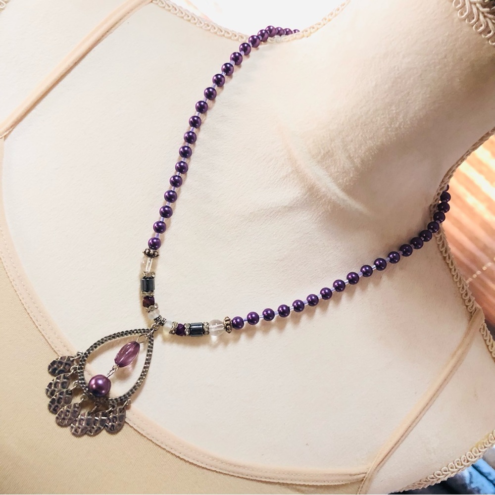 Handcrafted repurpose pearl teardrop pendant Czech glass pearl beaded necklace